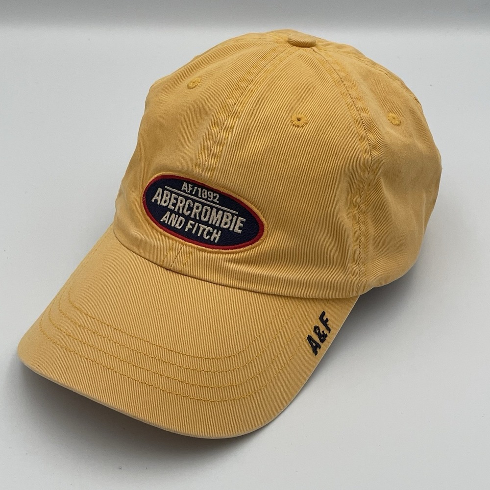 VTG 90s Abercrombie & Fitch Patch Logo Leather Strapback Hat Yellow Gold Cap EUC